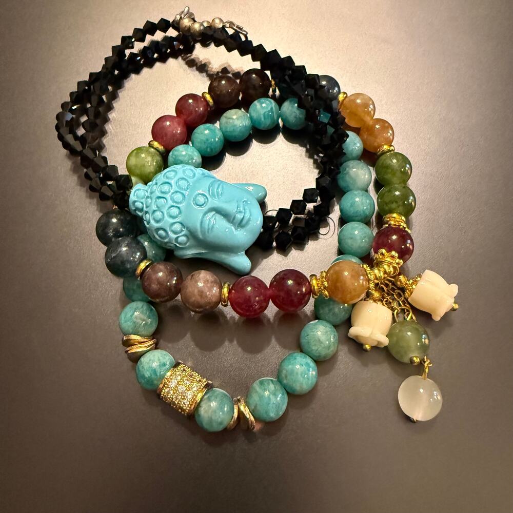 Trio of Crystal Tourmaline Amazonite Beaded Bracelets - Picture 4 of 8